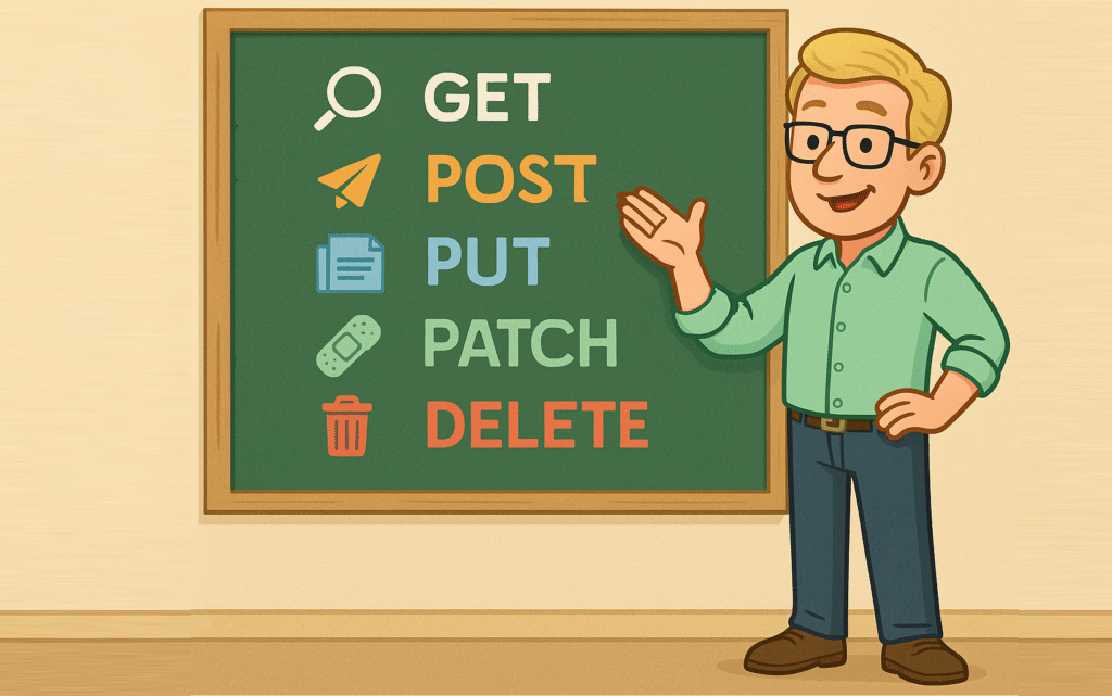 Presenting HTTP verbs on chalkboard.